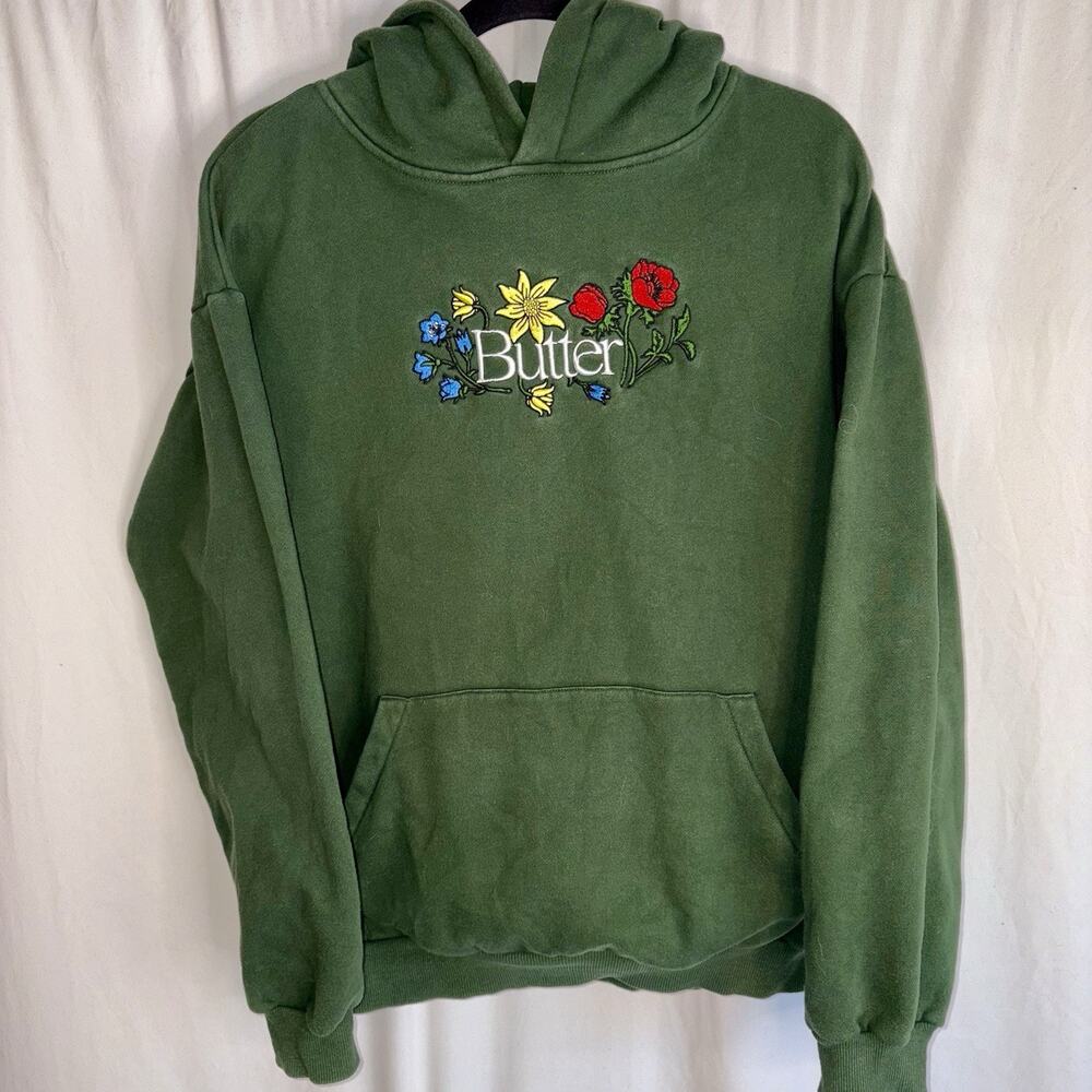 Butter Goods Embroidered Flower Logo Hoodie Dark Green Unisex Size Small EUC